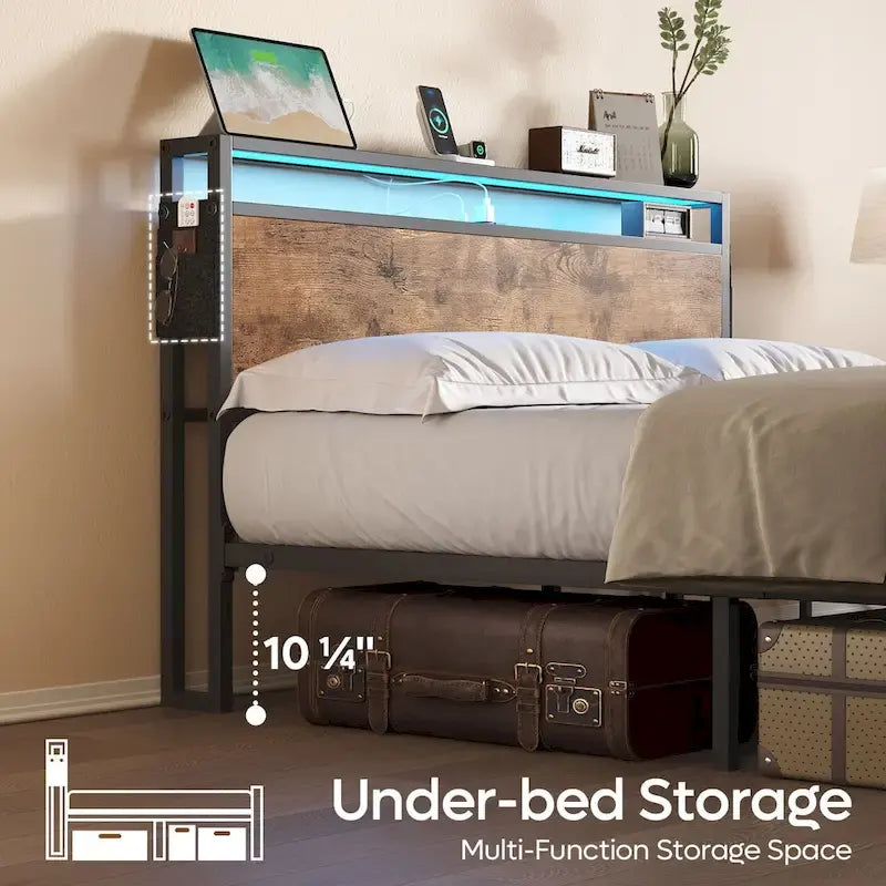 Metal Bed Frame Platform Bed with Storage Headboard LED Lights and Charging Station