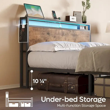 Metal Bed Frame Platform Bed with Storage Headboard LED Lights and Charging Station
