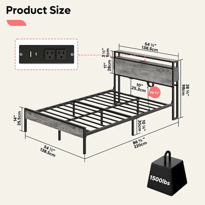 Metal Bed Frame Platform Bed with Storage Headboard LED Lights and Charging Station