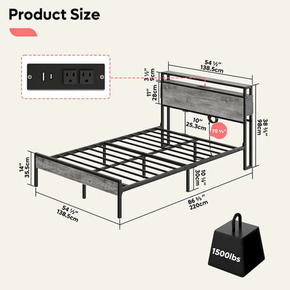 Metal Bed Frame Platform Bed with Storage Headboard LED Lights and Charging Station