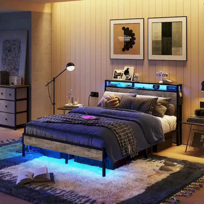 Metal Bed Frame Platform Bed with Storage Headboard LED Lights and Charging Station