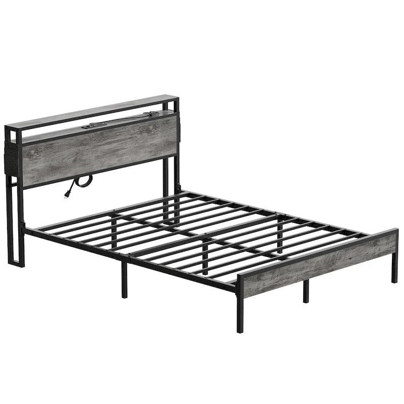 Metal Bed Frame Platform Bed with Storage Headboard LED Lights and Charging Station
