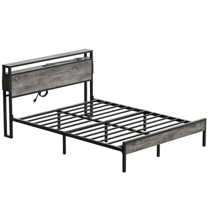 Metal Bed Frame Platform Bed with Storage Headboard LED Lights and Charging Station