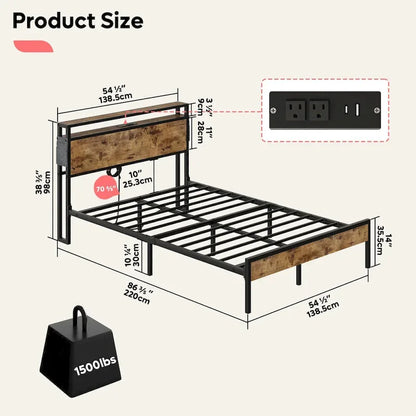 Metal Bed Frame Platform Bed with Storage Headboard LED Lights and Charging Station