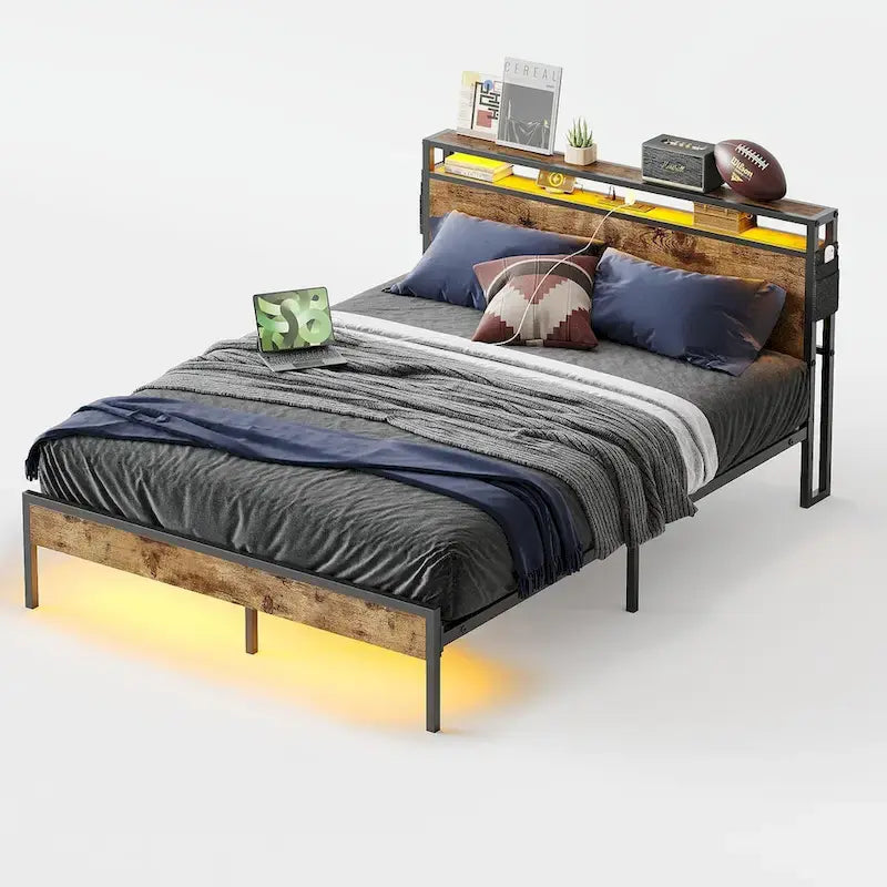 Metal Bed Frame Platform Bed with Storage Headboard LED Lights and Charging Station