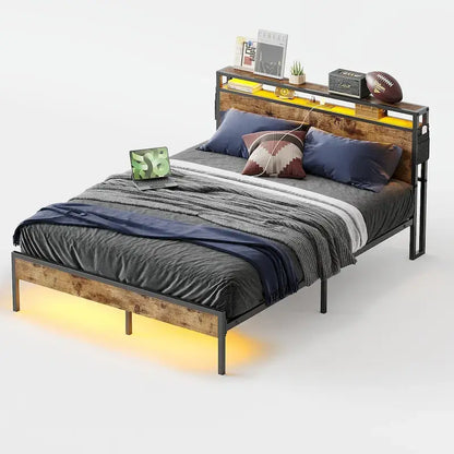 Metal Bed Frame Platform Bed with Storage Headboard LED Lights and Charging Station