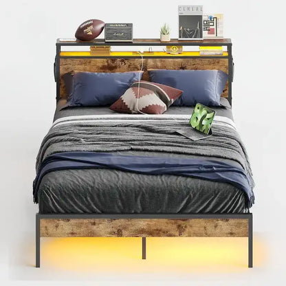 Metal Bed Frame Platform Bed with Storage Headboard LED Lights and Charging Station