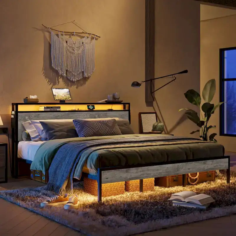 Metal Bed Frame Platform Bed with Storage Headboard LED Lights and Charging Station