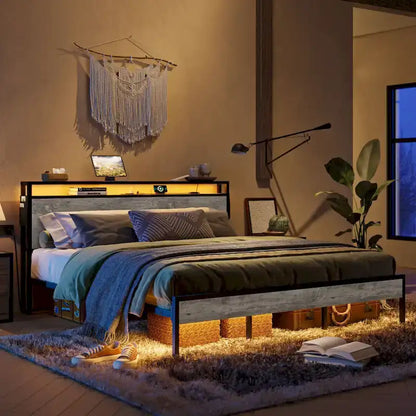 Metal Bed Frame Platform Bed with Storage Headboard LED Lights and Charging Station