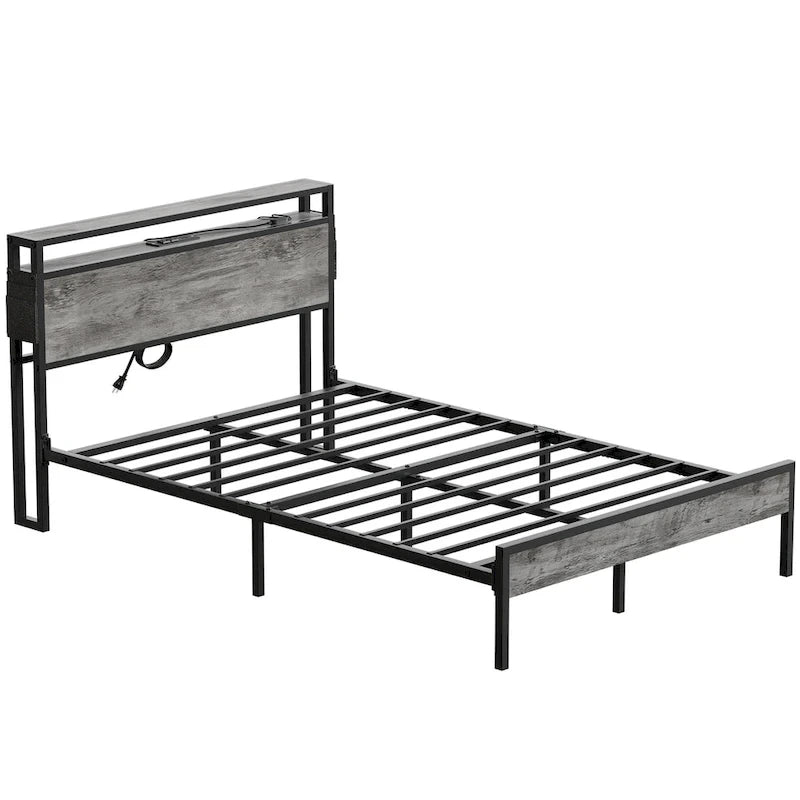 Metal Bed Frame Platform Bed with Storage Headboard LED Lights and Charging Station