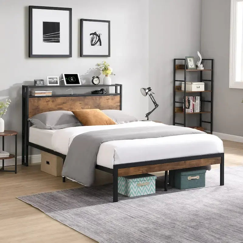 Lordear Queen Size Metal Platform Bed Frame with Wooden Headboard and Footboard with USB LINER