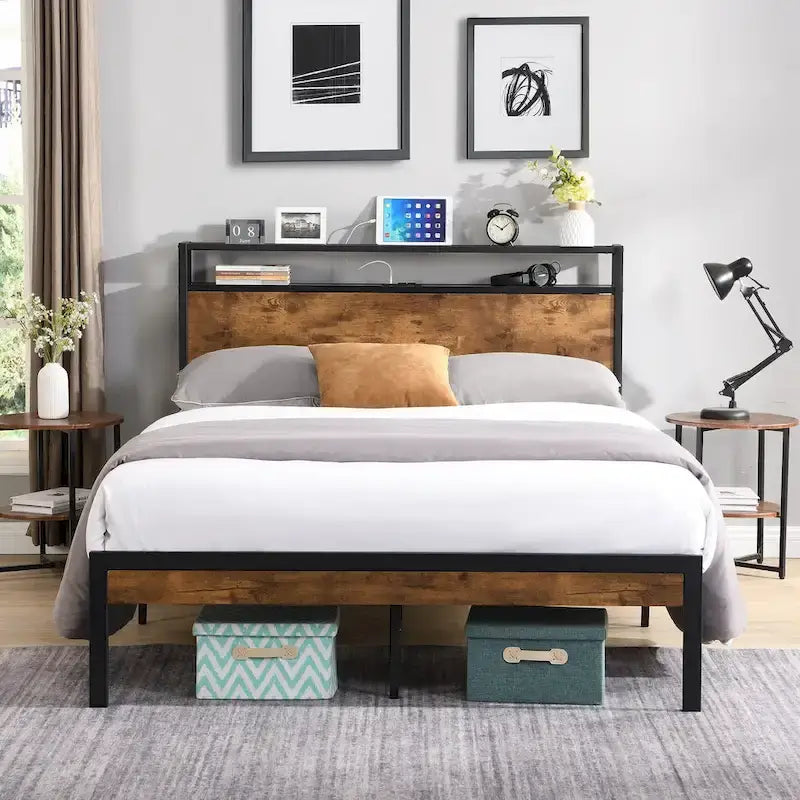 Lordear Queen Size Metal Platform Bed Frame with Wooden Headboard and Footboard with USB LINER