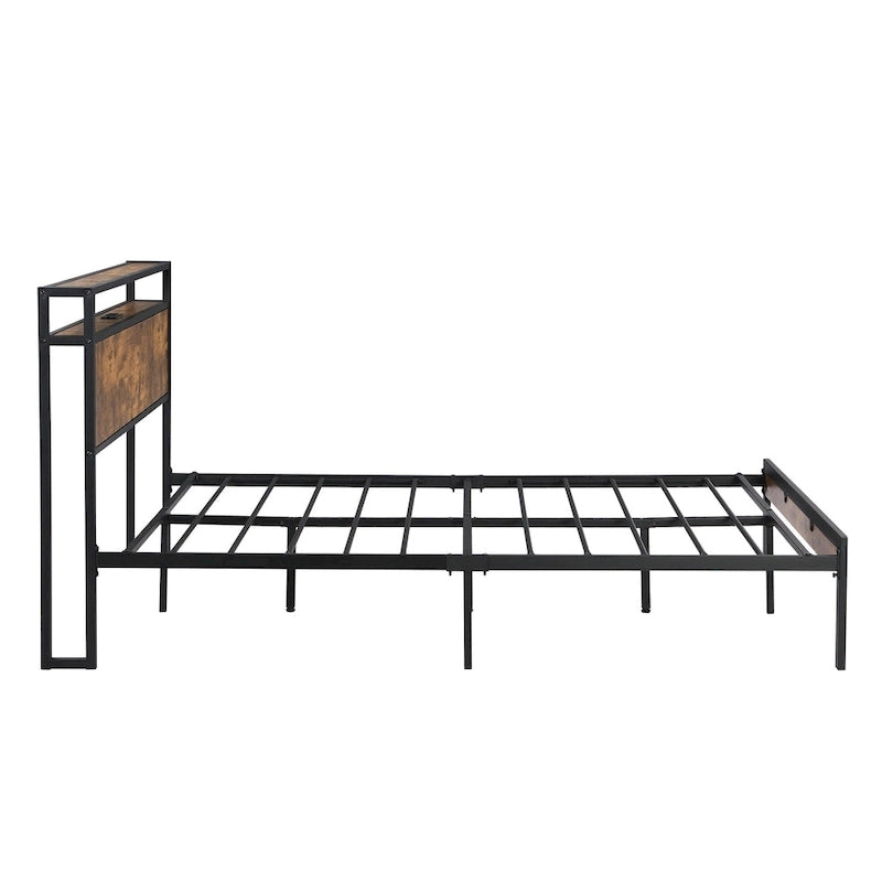 Lordear Queen Size Metal Platform Bed Frame with Wooden Headboard and Footboard with USB LINER