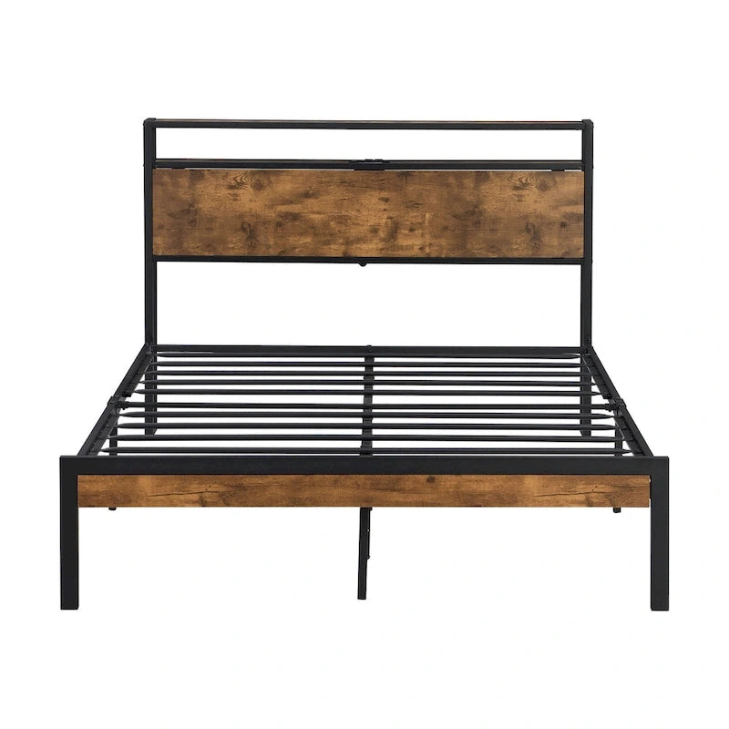 Lordear Queen Size Metal Platform Bed Frame with Wooden Headboard and Footboard with USB LINER