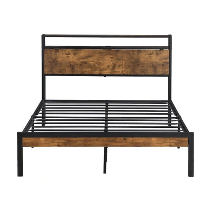Lordear Queen Size Metal Platform Bed Frame with Wooden Headboard and Footboard with USB LINER
