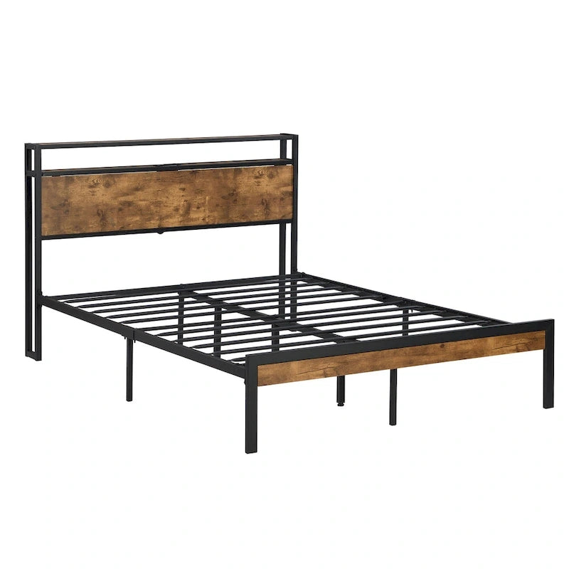 Lordear Queen Size Metal Platform Bed Frame with Wooden Headboard and Footboard with USB LINER