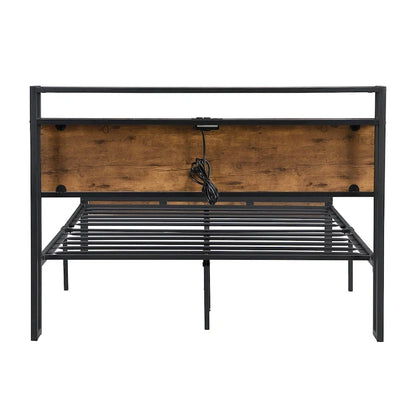 Lordear Queen Size Metal Platform Bed Frame with Wooden Headboard and Footboard with USB LINER