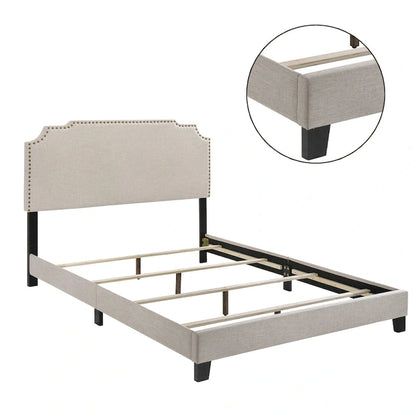 Upholstered Bed with Nailhead Trim in Beige