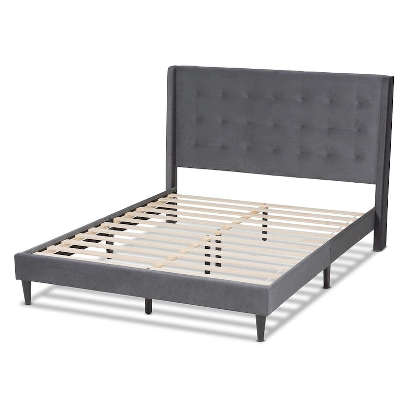 Gothard Modern and Contemporary Velvet Fabric Upholstered and Dark Brown Finished Wood Platform Bed