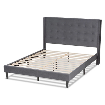 Gothard Modern and Contemporary Velvet Fabric Upholstered and Dark Brown Finished Wood Platform Bed