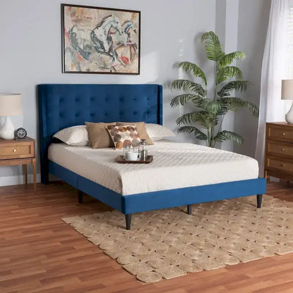 Gothard Modern and Contemporary Velvet Fabric Upholstered and Dark Brown Finished Wood Platform Bed