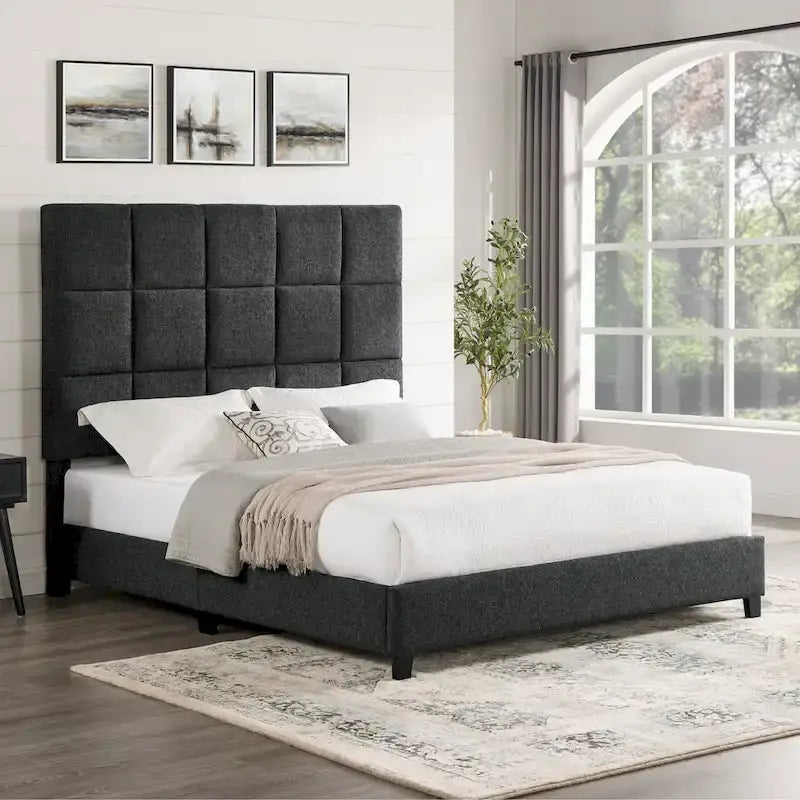 Bridgevine Home Tall Granite Dark Grey Square Headboard Upholstered Platform Bed