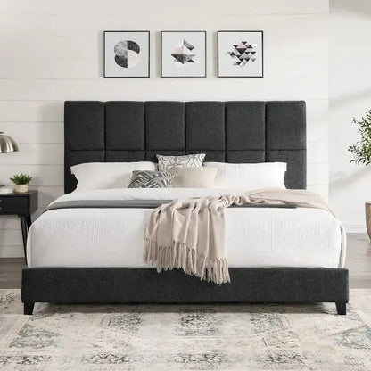 Bridgevine Home Tall Granite Dark Grey Square Headboard Upholstered Platform Bed