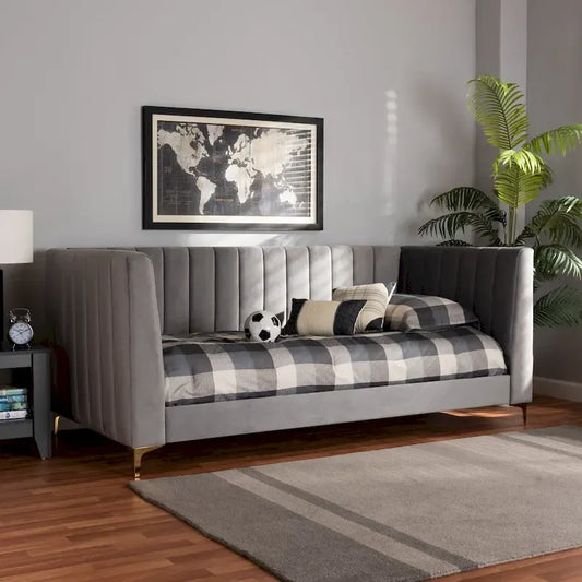 Oksana Light Grey Velvet with Goldtone Legs Daybed