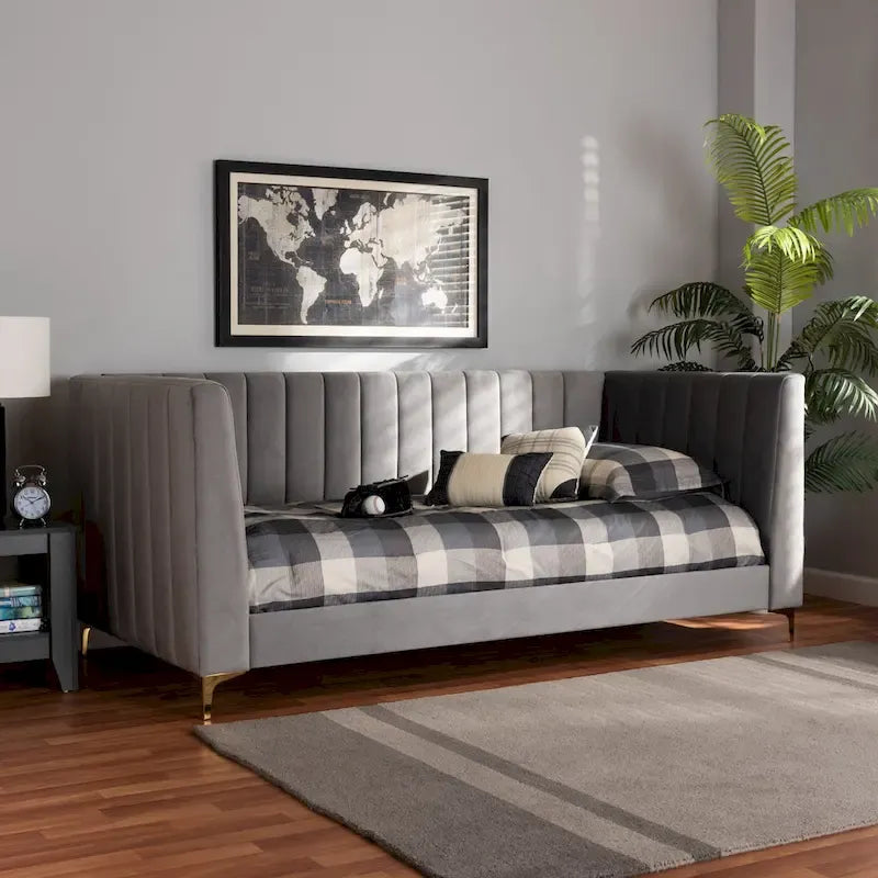 Oksana Light Grey Velvet with Goldtone Legs Daybed
