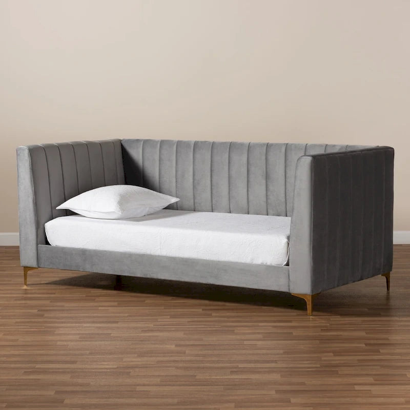 Oksana Light Grey Velvet with Goldtone Legs Daybed