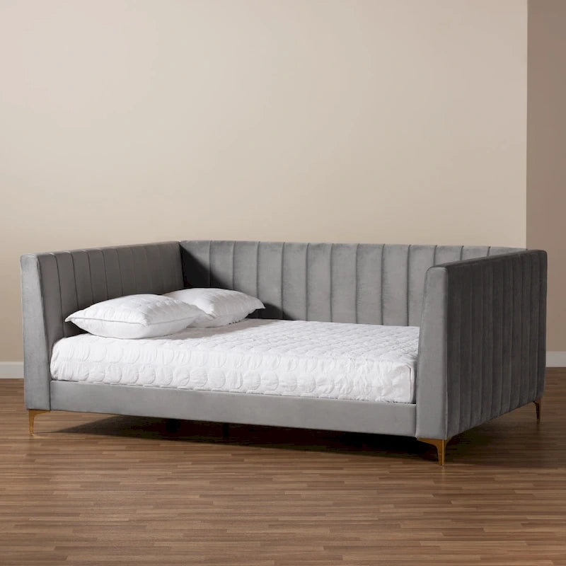 Oksana Light Grey Velvet with Goldtone Legs Daybed