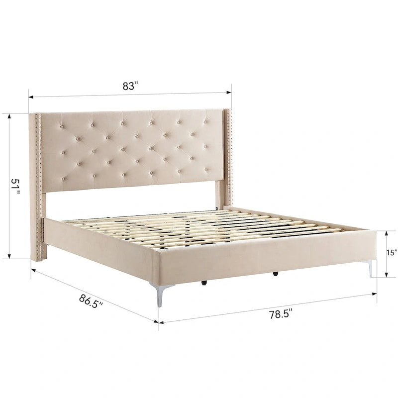 Morden Fort King Size Velvet Upholstered Platform Bed Frame with 6 inches Metal Legs