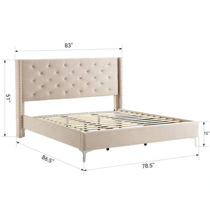 Morden Fort King Size Velvet Upholstered Platform Bed Frame with 6 inches Metal Legs