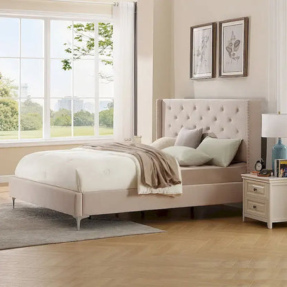 Morden Fort King Size Velvet Upholstered Platform Bed Frame with 6 inches Metal Legs