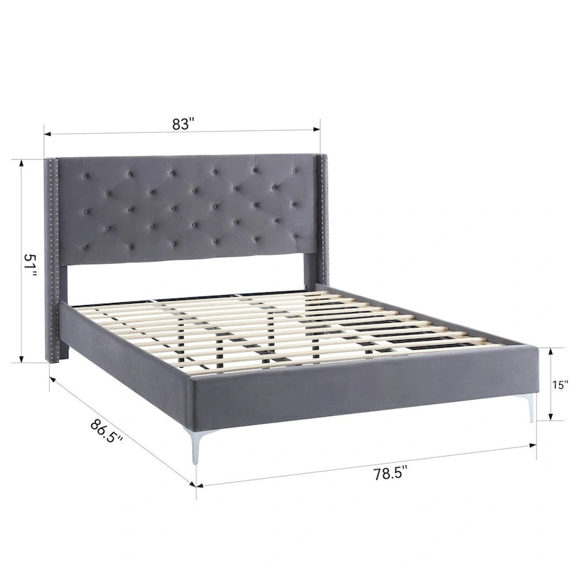 Morden Fort King Size Velvet Upholstered Platform Bed Frame with 6 inches Metal Legs