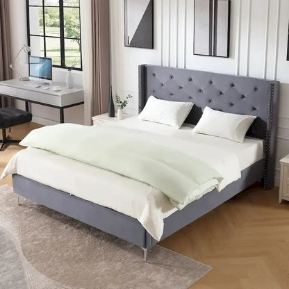 Morden Fort King Size Velvet Upholstered Platform Bed Frame with 6 inches Metal Legs