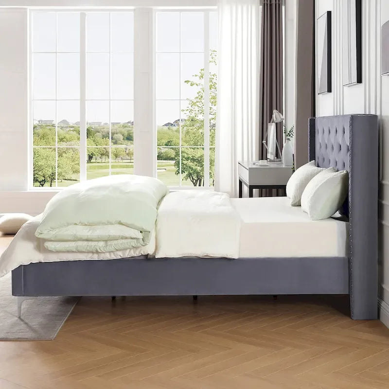 Morden Fort King Size Velvet Upholstered Platform Bed Frame with 6 inches Metal Legs