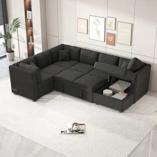 108.6 U-shaped Sectional Sofa Pull out Sofa Bed with Two USB Ports, Two Power Sockets, Three Back Pillows and a Storage Chaise