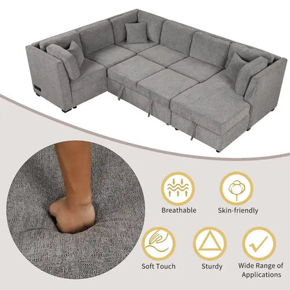 108.6 U-shaped Sectional Sofa Pull out Sofa Bed with Two USB Ports, Two Power Sockets, Three Back Pillows and a Storage Chaise