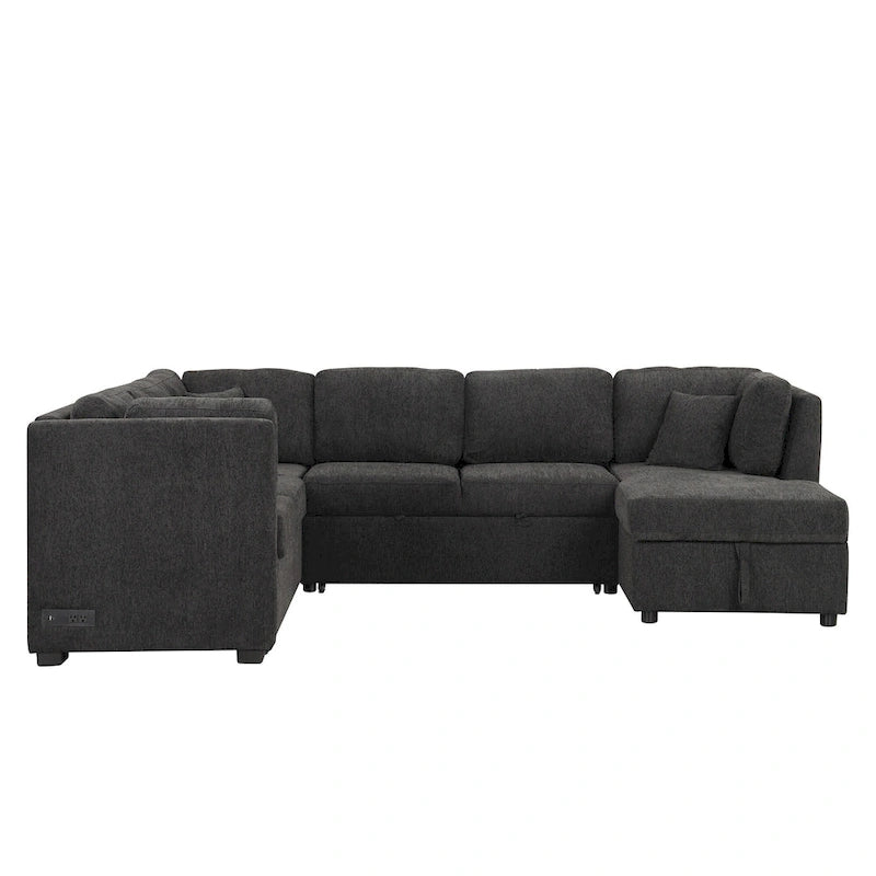 108.6 U-shaped Sectional Sofa Pull out Sofa Bed with Two USB Ports, Two Power Sockets, Three Back Pillows and a Storage Chaise