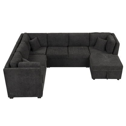 108.6 U-shaped Sectional Sofa Pull out Sofa Bed with Two USB Ports, Two Power Sockets, Three Back Pillows and a Storage Chaise