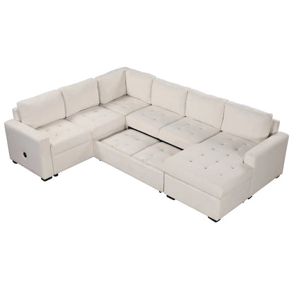 U_Style Sectional Sleeper Sofa with Pull-out Bed and Lounge Chair, USB and Type-C Interfaces, Suitable for Living Room, Office,