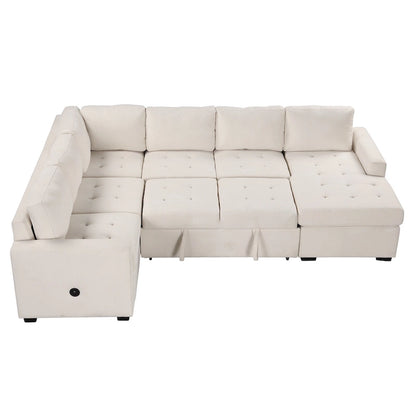 U_Style Sectional Sleeper Sofa with Pull-out Bed and Lounge Chair, USB and Type-C Interfaces, Suitable for Living Room, Office,