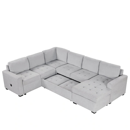 U_Style Sectional Sleeper Sofa with Pull-out Bed and Lounge Chair, USB and Type-C Interfaces, Suitable for Living Room, Office,
