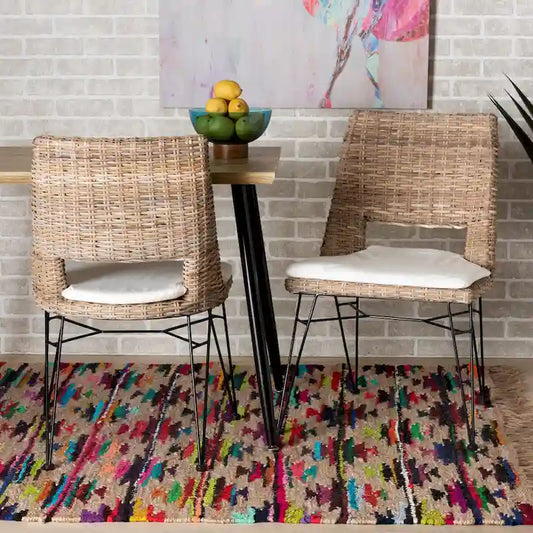 Nafaro Bohemian Rattan/ Metal 2-Piece Dining Chair Set with Cushion