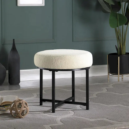 Round Upholstered top Ottoman on metal frame - Cream Faux Sheepskin