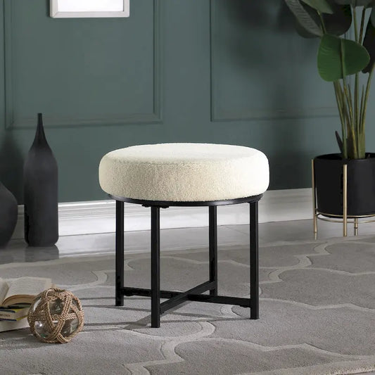 Round Upholstered top Ottoman on metal frame - Cream Faux Sheepskin