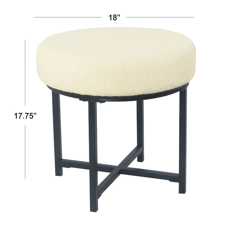 Round Upholstered top Ottoman on metal frame - Cream Faux Sheepskin