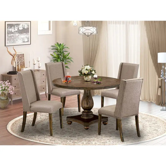 East West Furniture Dining Table Set- a Kitchen Table and Dark Khaki Linen Fabric Chairs, Distressed Jacobean (Pieces Option)