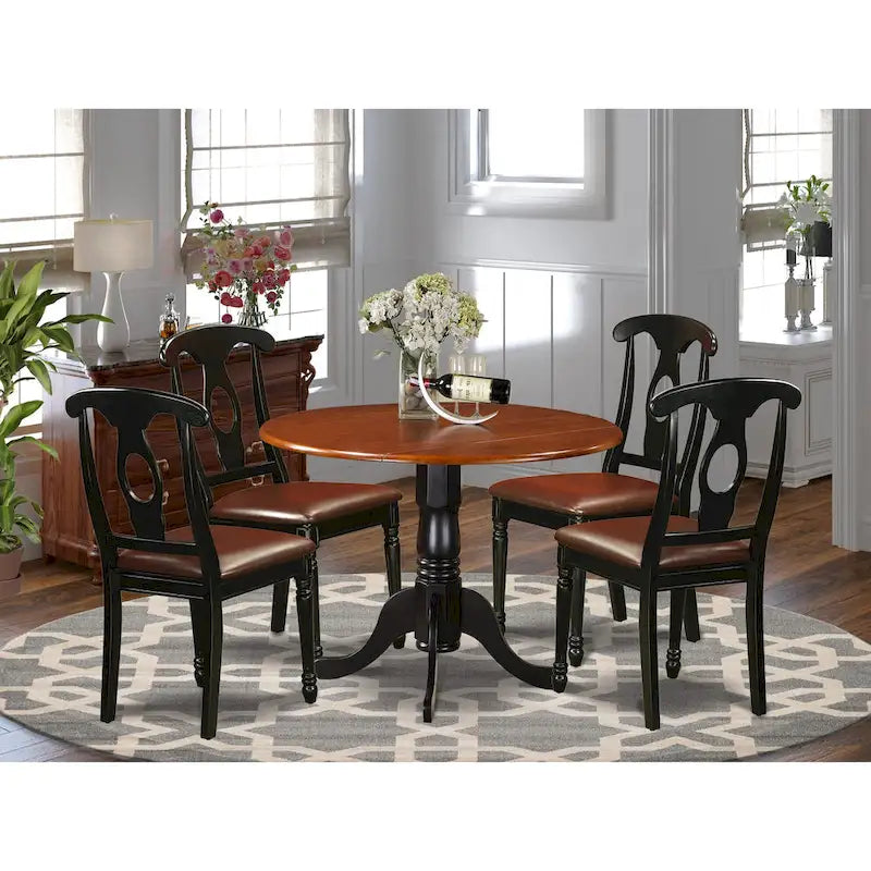 East West Furniture Dining Table Set- a Round Kitchen Table and Faux Leather Dinette Chairs, Black & Cherry (Pieces Option)